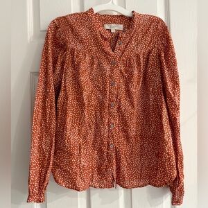 Loft long sleeve Orange blouse white spots and gold accents size SP